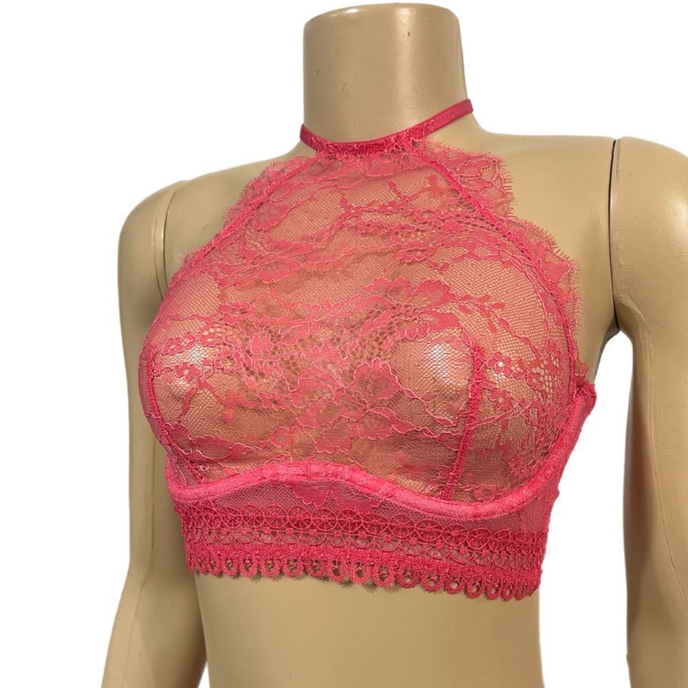 Victoria’s Secret Very Sexy high neck halter sheer lace bra Coral